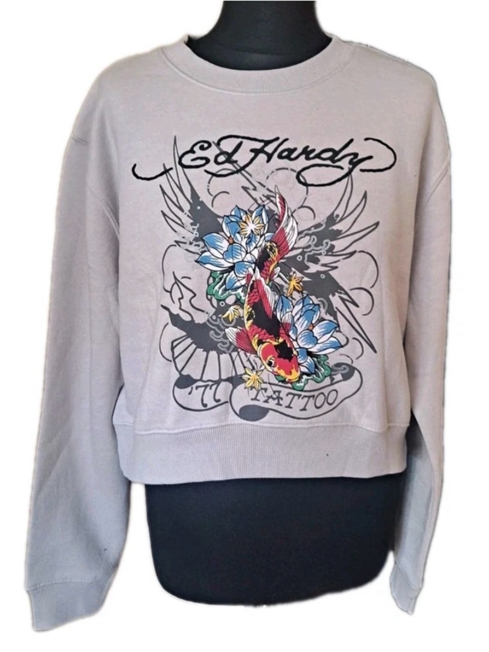 Ed Hardy cropped Light Gray Crewneck Sweatshirt with Colorful Tattoo Graphic